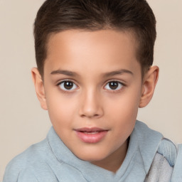 Joyful white child female with short  brown hair and brown eyes