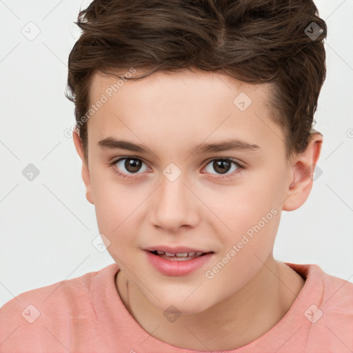 Joyful white child female with short  brown hair and brown eyes