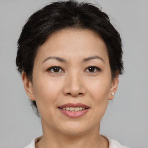 Joyful asian adult female with short  brown hair and brown eyes