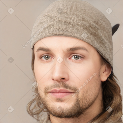 Neutral white young-adult male with short  brown hair and grey eyes