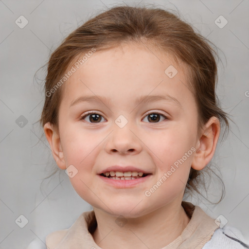 Joyful white child female with medium  brown hair and brown eyes