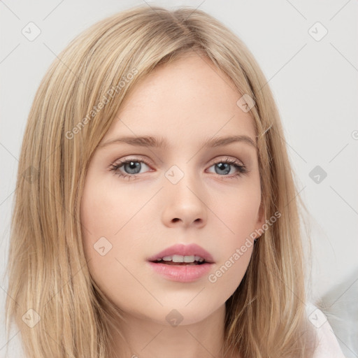 Neutral white young-adult female with long  brown hair and grey eyes