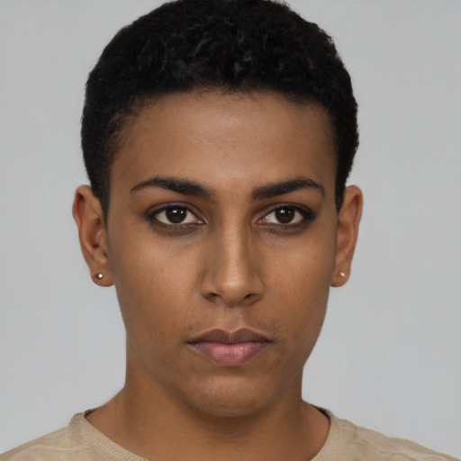 Neutral black young-adult female with short  black hair and brown eyes