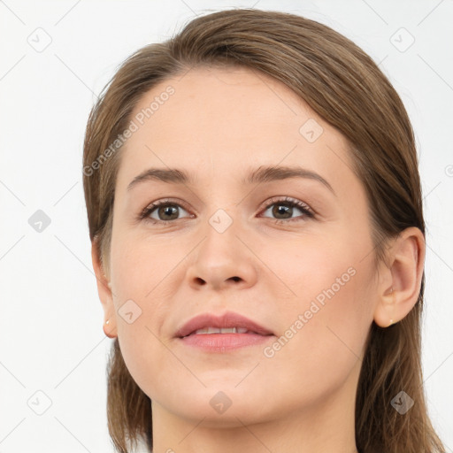 Neutral white young-adult female with long  brown hair and grey eyes