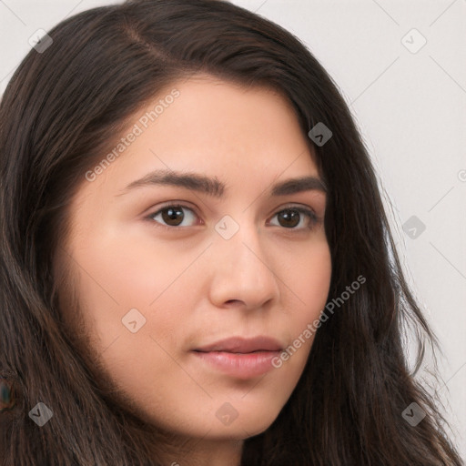 Neutral white young-adult female with long  brown hair and brown eyes