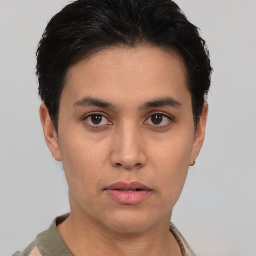 Neutral latino young-adult male with short  brown hair and brown eyes