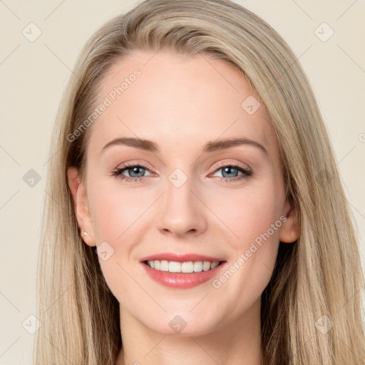 Joyful white young-adult female with long  brown hair and grey eyes