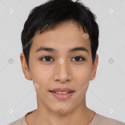 Neutral asian young-adult female with short  brown hair and brown eyes