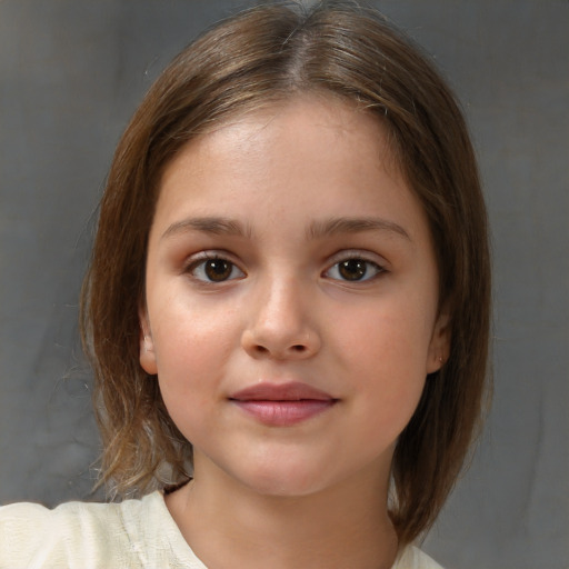 Joyful white child female with medium  brown hair and brown eyes