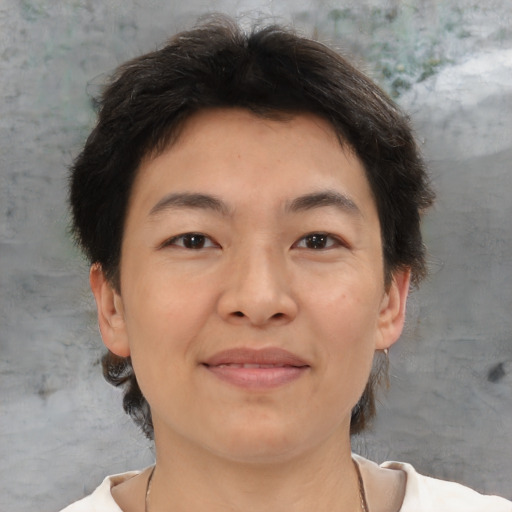 Joyful asian adult female with medium  brown hair and brown eyes