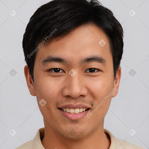 Joyful asian young-adult male with short  brown hair and brown eyes