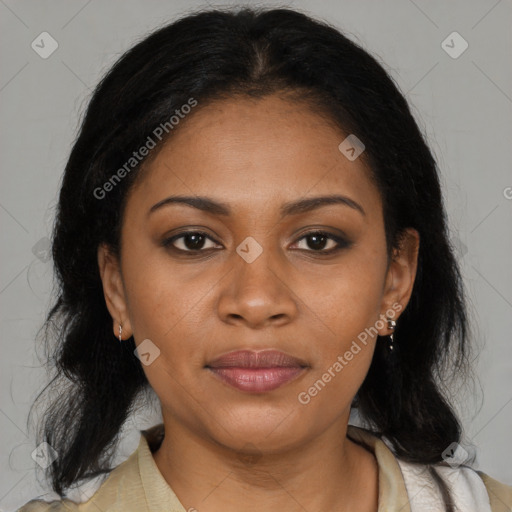 Joyful latino young-adult female with medium  black hair and brown eyes