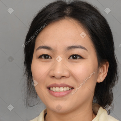 Joyful white young-adult female with medium  brown hair and brown eyes