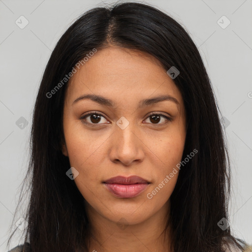 Joyful latino young-adult female with long  brown hair and brown eyes