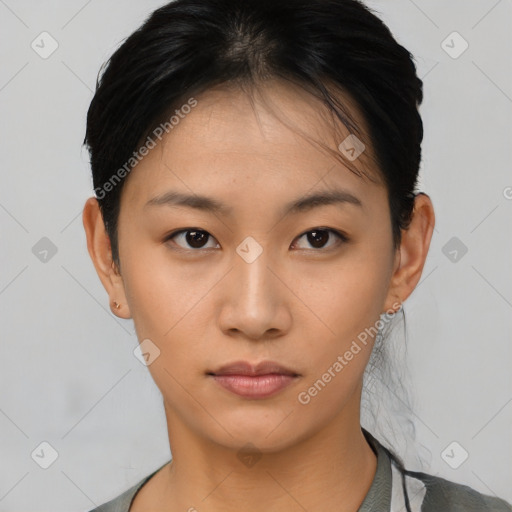 Neutral asian young-adult female with short  brown hair and brown eyes