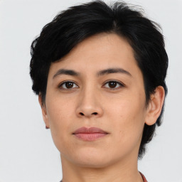 Neutral asian young-adult female with short  brown hair and brown eyes