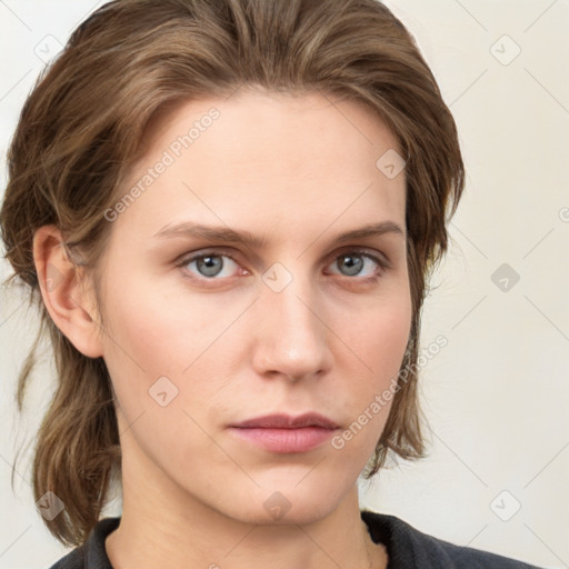 Neutral white young-adult female with medium  brown hair and grey eyes