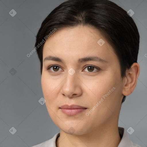 Joyful white young-adult female with short  brown hair and brown eyes