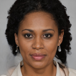 Joyful black adult female with medium  brown hair and brown eyes