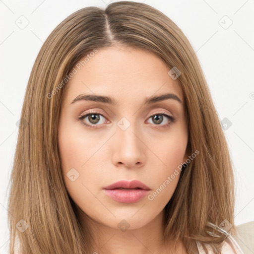 Neutral white young-adult female with long  brown hair and brown eyes