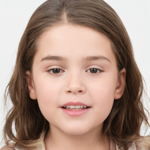 Joyful white child female with medium  brown hair and brown eyes