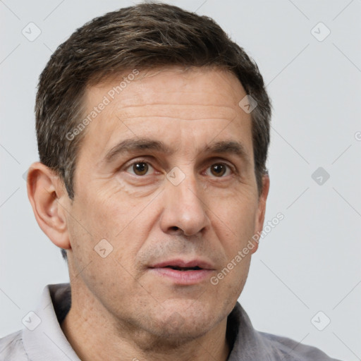 Neutral white adult male with short  brown hair and brown eyes