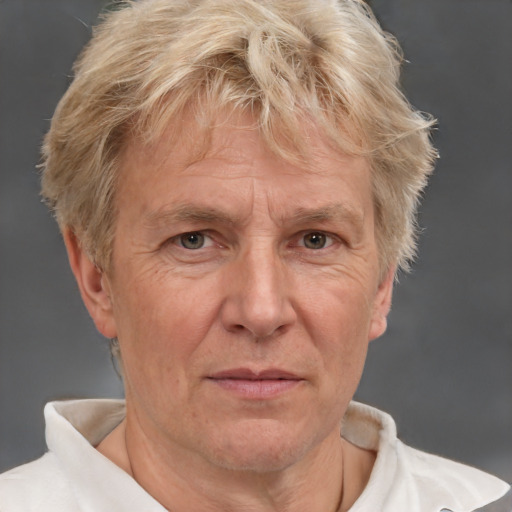 Neutral white middle-aged male with short  blond hair and brown eyes