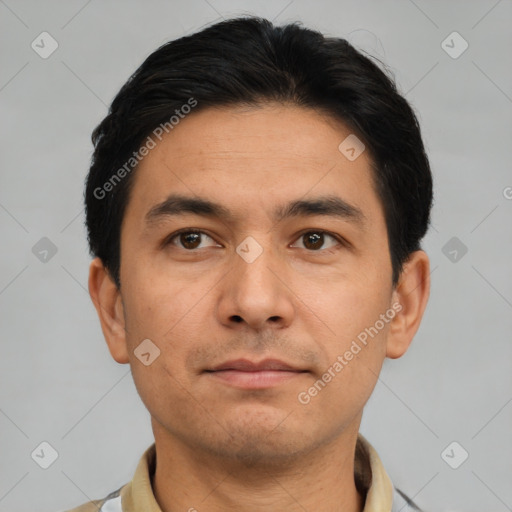 Neutral asian young-adult male with short  brown hair and brown eyes