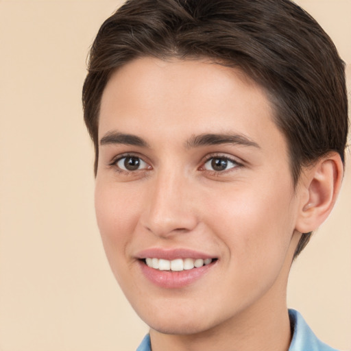 Joyful white young-adult female with short  brown hair and brown eyes