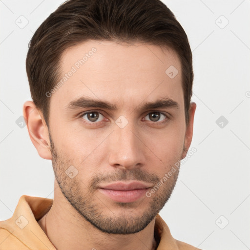 Neutral white young-adult male with short  brown hair and brown eyes