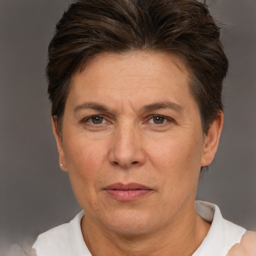 Joyful white adult female with short  brown hair and brown eyes