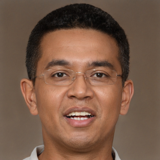 Joyful black young-adult male with short  brown hair and brown eyes