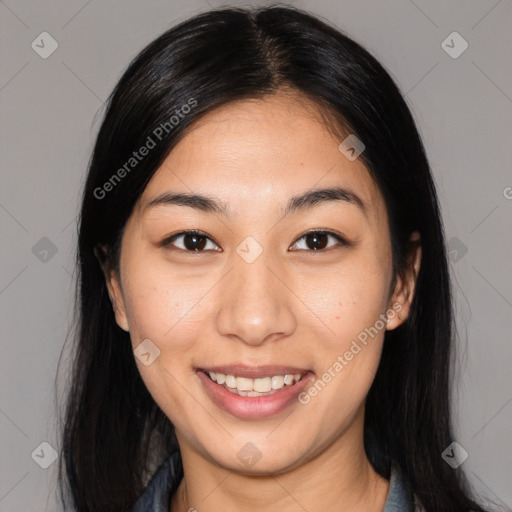 Joyful asian young-adult female with medium  black hair and brown eyes