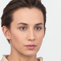 Neutral white young-adult female with short  brown hair and brown eyes