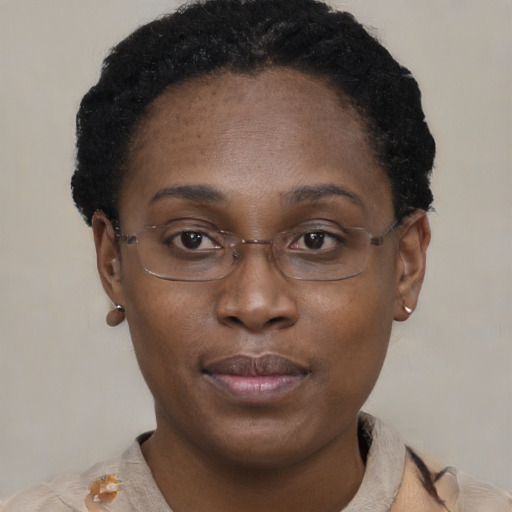 Neutral black adult female with short  brown hair and brown eyes