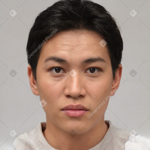 Neutral asian young-adult female with short  black hair and brown eyes