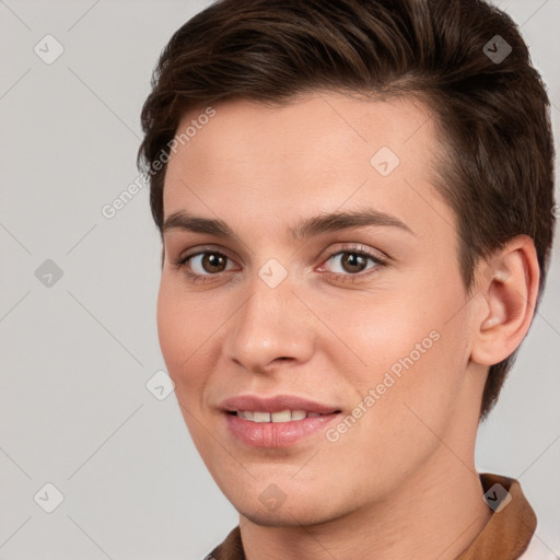 Joyful white young-adult female with short  brown hair and brown eyes