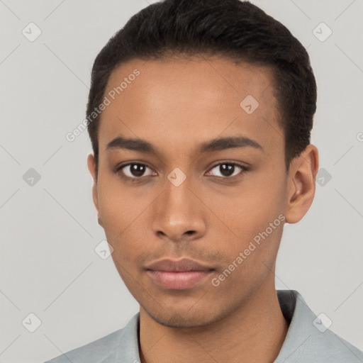 Neutral latino young-adult male with short  brown hair and brown eyes