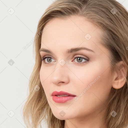 Neutral white young-adult female with long  brown hair and grey eyes