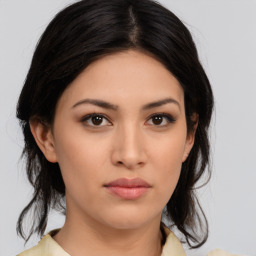 Neutral asian young-adult female with medium  black hair and brown eyes