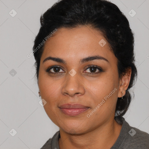 Joyful latino young-adult female with medium  black hair and brown eyes