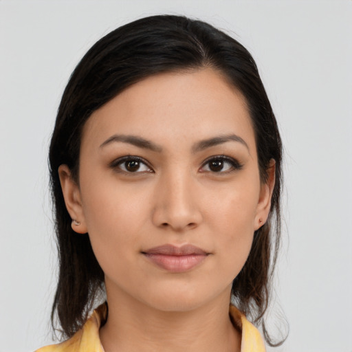 Neutral latino young-adult female with medium  black hair and brown eyes