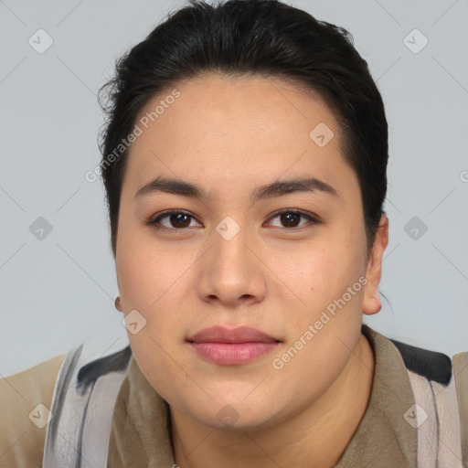 Joyful asian young-adult female with medium  brown hair and brown eyes