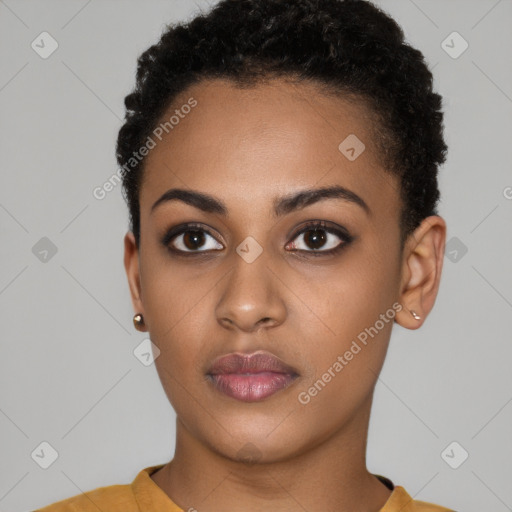 Neutral black young-adult female with short  black hair and brown eyes