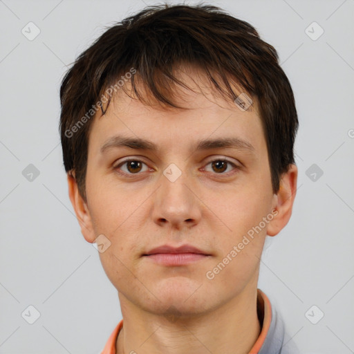 Neutral white young-adult male with short  brown hair and brown eyes