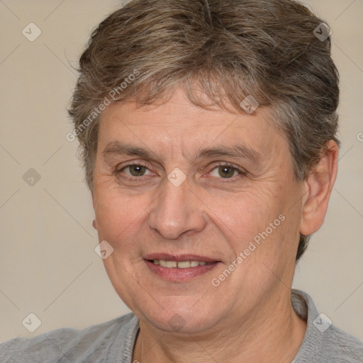 Joyful white middle-aged male with short  brown hair and brown eyes