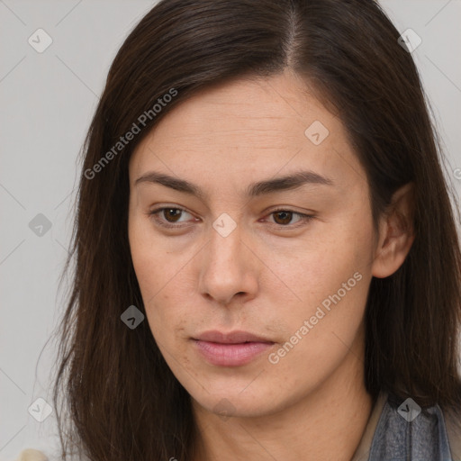 Neutral white young-adult female with long  brown hair and brown eyes