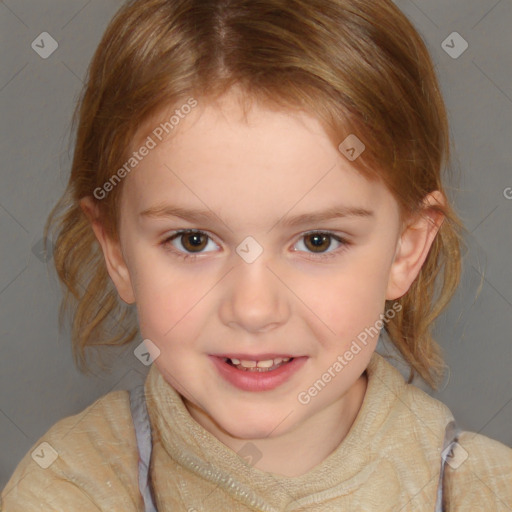 Joyful white child female with medium  brown hair and brown eyes