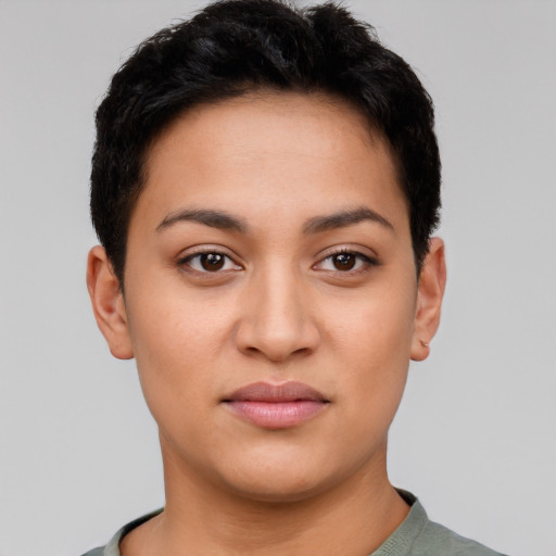 Neutral latino young-adult female with short  brown hair and brown eyes