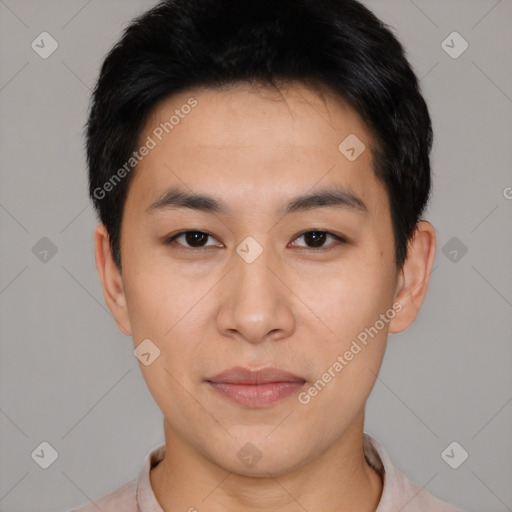 Neutral asian young-adult male with short  black hair and brown eyes